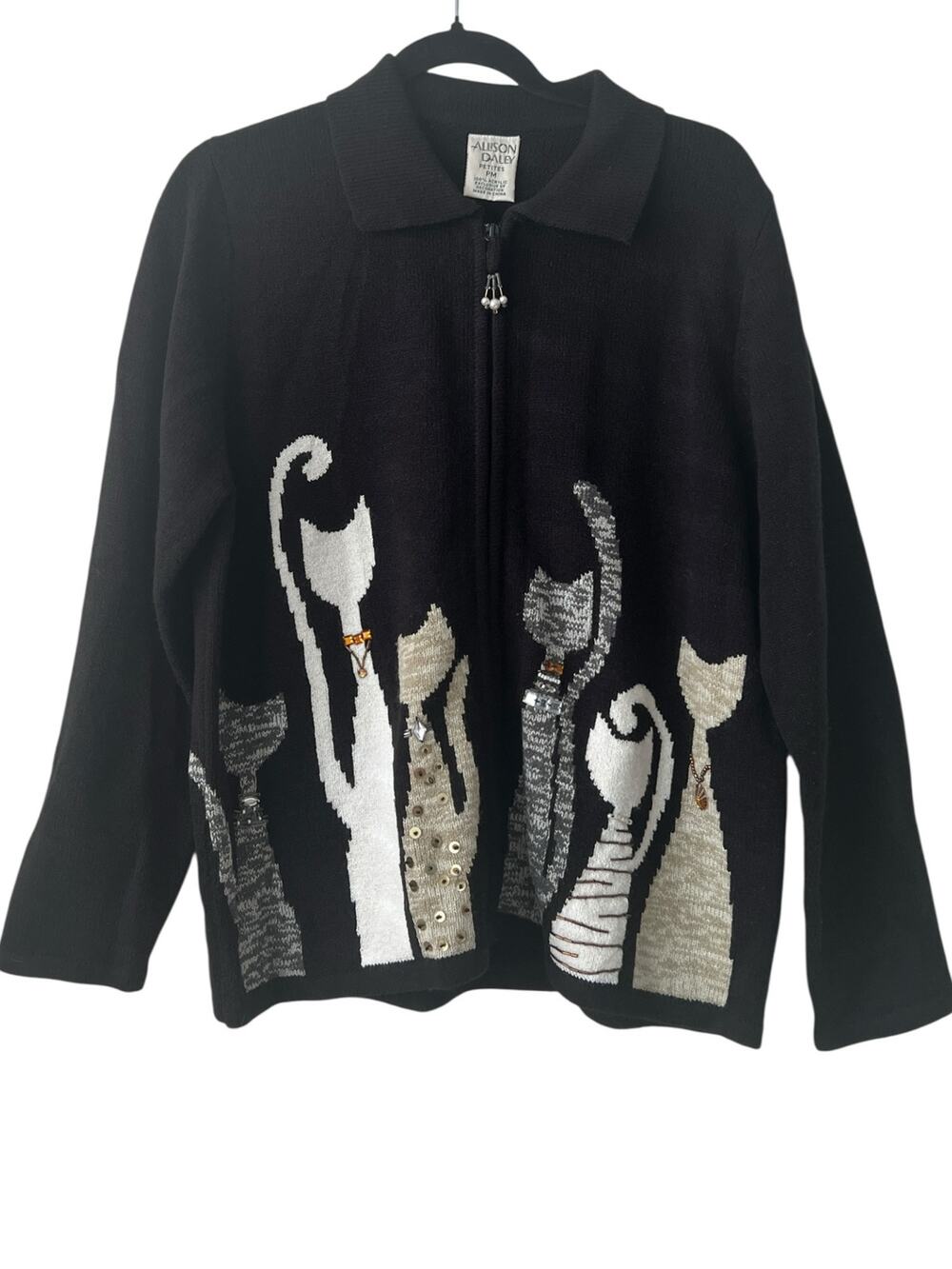 Allison Daley Vintage Cat Full Zip Cardigan Sweater Size M Petites
